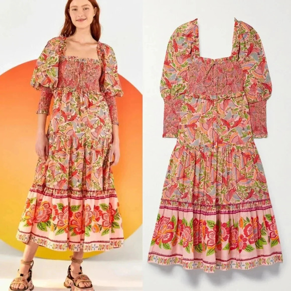 Anthropologie Farm Rio Macaw Flight Smocked Dress Size Medium NWOT $270 - Picture 14 of 16